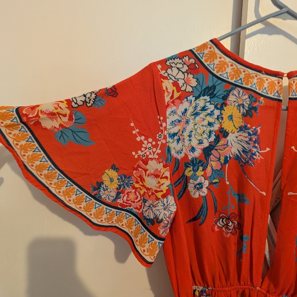Flying Tomato Floral Red Jumpsuit Size Small Belted Some Flaws - Picture 9 of 16
